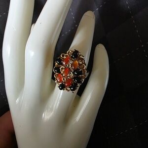 Vintage Black Onyx & Carnelian Filigree Cluster Cocktail Ring – Size 5.5